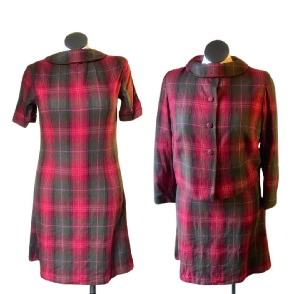 1960’s Vintage Red Green Wool Dress and Blazer Jacket Set Handmade Medium Large